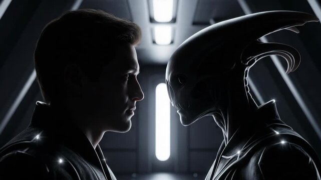 Alien and human encounter in a dark futuristic corridor. Dramatic backlit silhouette of first contact. Science fiction concept