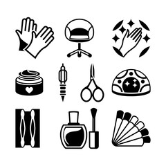 A cohesive collection of minimalist monoline icons representing essential manicure tools, equipment, and services.