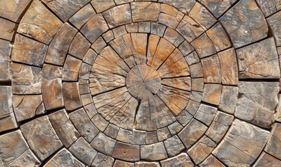 Abstract concentric circle design made of wooden blocks in earthy tones