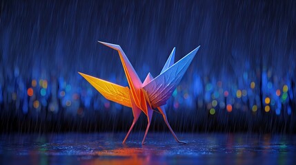 Obraz premium Colorful origami crane glowing under neon rain at night, cyberpunk paper bird art in moody futuristic city lights