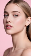 Fototapeta premium Serene White Brunette Woman Gazing Softly on Pink Background