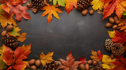 Autumn leaves, pinecones, and nuts forming a vibrant fall border around a dark empty background, perfect for seasonal greetings or messages.