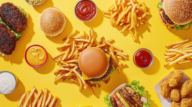 Overhead shot of burgers fries and condiments on a vibrant yellow background creating a fast food spread