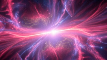 A vibrant and abstract cosmic nebula with a bright central light source emitting energy amidst swirling pink and purple gas clouds, depicting a powerful celestial event. - Powered by Adobe