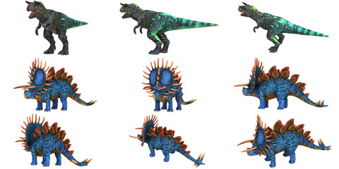 Colorful toy dinosaurs in various poses and colors