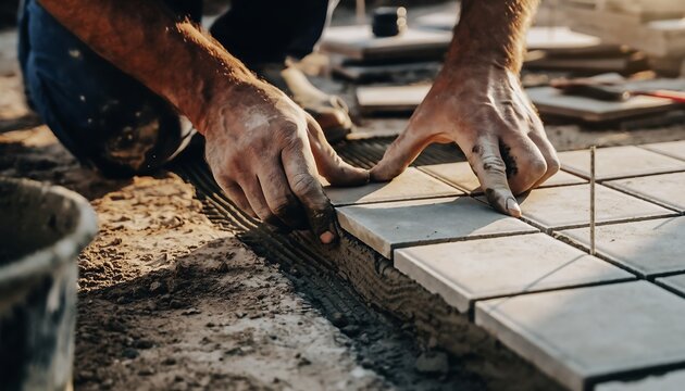 Diligent worker's hands meticulously laying outdoor tiles – a close-up of patio construction.
