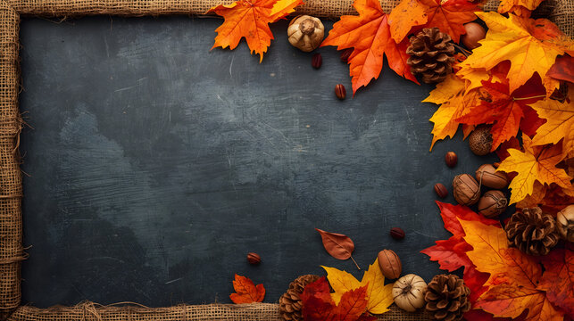 Autumn leaves, pinecones, and nuts arranged on a dark chalkboard with a rustic frame, providing copy space for seasonal messages.