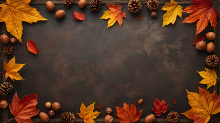 Autumn leaves, pinecones, and nuts forming a rustic border on a dark textured background, symbolizing fall season.
