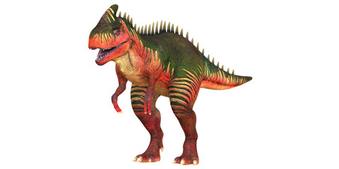 Colorful dinosaur model with spikes and vibrant patterns.