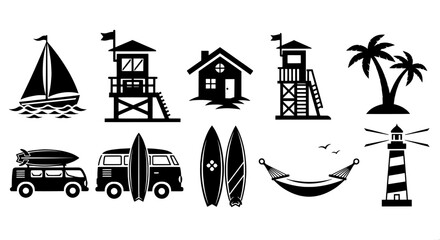 Summer beach vacation icons set