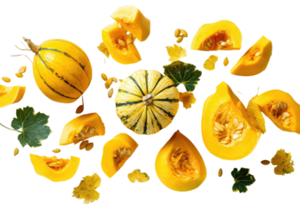 Colorful winter squash and leaves scattered on black