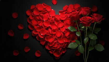 Red Roses and Heart Shape Made of Petals on Black Background