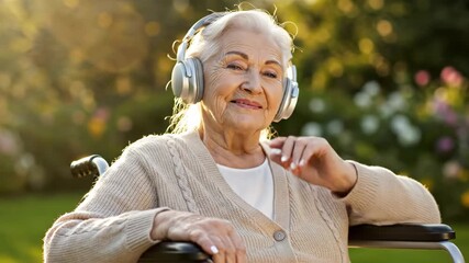 Happy senior woman in a wheelchair listening to music on headphones. Elderly person relaxing outdoors in a sunny garden. Quality of life in retirement concept - Powered by Adobe