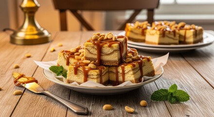 Peanut butter cheesecake Closeup of mini cheesecakes topped with honeycomb and nuts, arranged on a glass tray, with candles and wine glasses in the background.