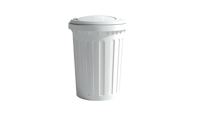 White plastic trash can with lid isolated on black