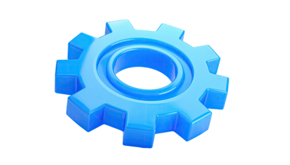 Glossy, light blue gear icon isolated on a black background