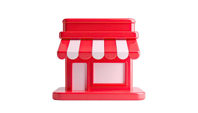 Red, glossy, 3D store icon with striped awning on black