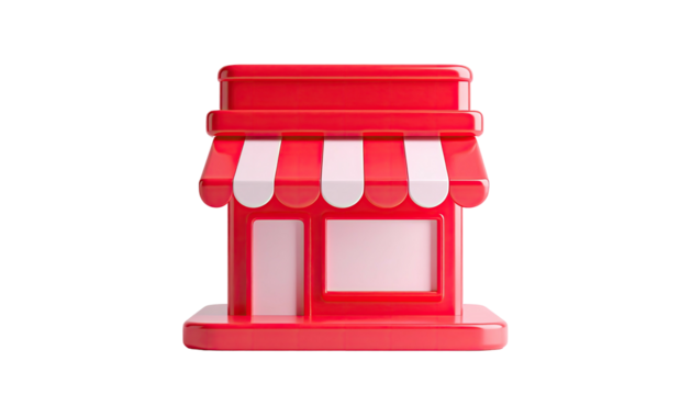 Red, glossy, 3D store icon with striped awning on black
