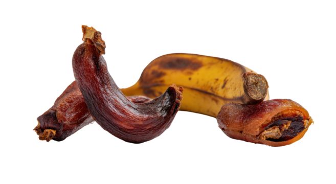 Rotten banana and dates on a dark background