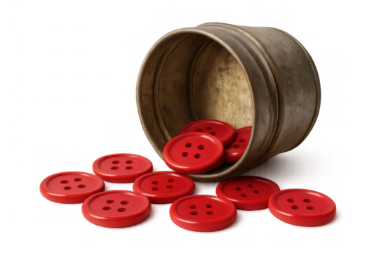 Red sewing buttons spilling from a rustic metal container, isolated on transparent background, symbolizing craft and creativity