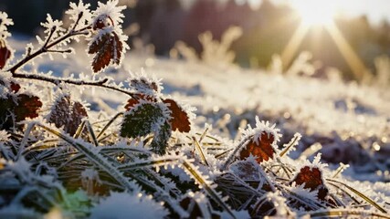 Frost-covered plants sparkling in the bright morning sun. Close-up of frozen leaves and grass on a cold winter day. First frost of the season - Powered by Adobe