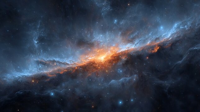 Abstract cosmic cloudscape with swirling blue and orange nebula luminous galaxy clouds and starry deep space background for fantasy sci fi design