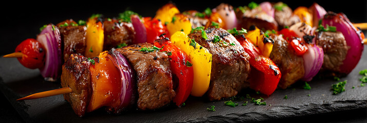 Grilled meat skewers with colorful vegetables on a dark serving platter