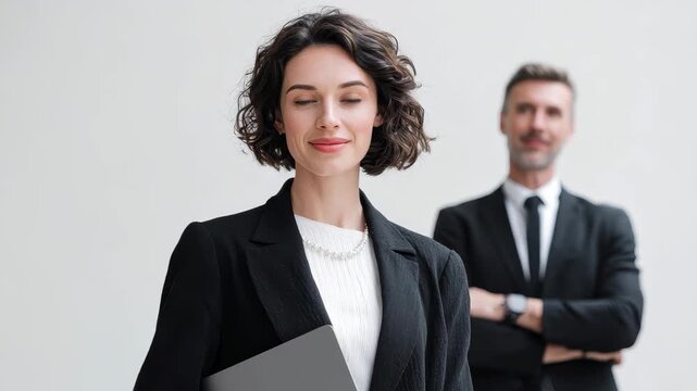 Business woman standing confidently with a laptop while her male colleague appears in the background during a corporate setting - Powered by Adobe