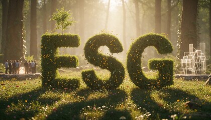 ESG Concept Sculpture in Forest with People in Background
