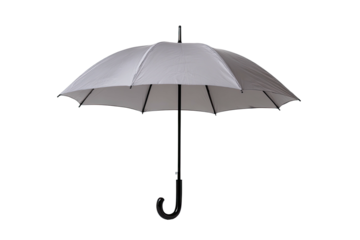 Open, light grey umbrella with curved black handle isolated