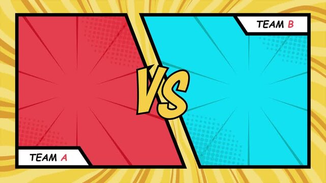 Versus comic animation with team a and team b animation, perfect for gaming websites, esports events promotions, and battle-themed presentations. Versus comic loop animation.