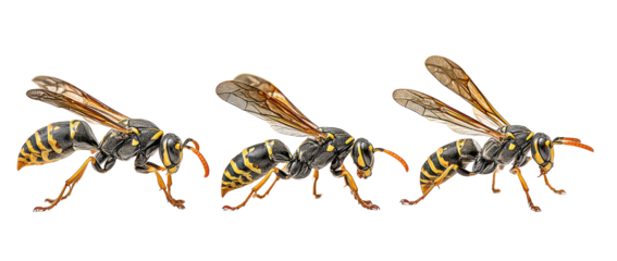Three detailed yellow and black wasps in profile on a black background