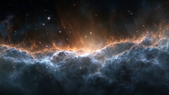 Abstract cosmic cloudscape with swirling blue and orange nebula luminous galaxy clouds and starry deep space background for fantasy sci fi design