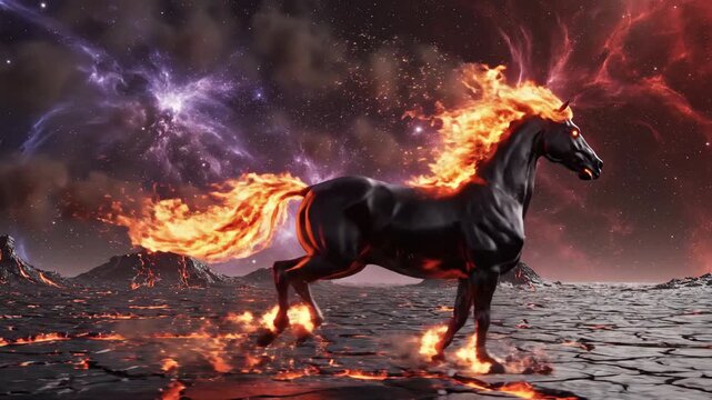 Vertical video of a mythical fire horse rearing in a hellish landscape. Epic fantasy creature with a flaming mane against a cosmic nebula. Powerful CGI animation - Powered by Adobe