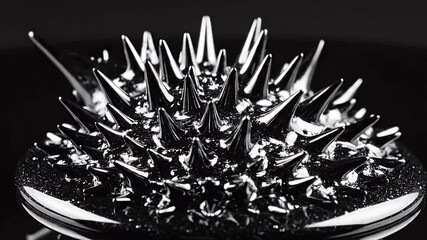 Black magnetic ferrofluid liquid forming spikes under magnetic field, macro physics experiment - Powered by Adobe