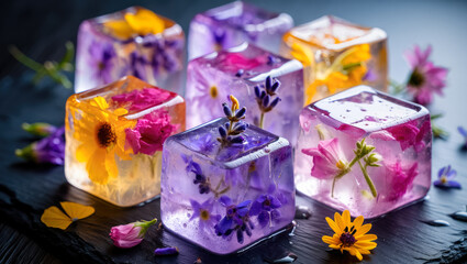 Colorful floral ice cubes on dark background for creative drink presentations  in culinary arts and event decoration, enhancing cocktail aesthetics, culinary websites and food photography, 