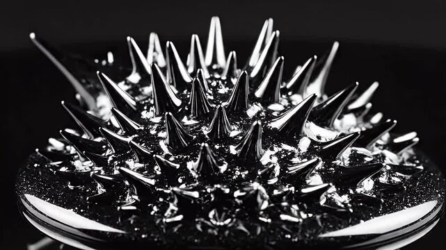 Black magnetic ferrofluid liquid forming spikes under magnetic field, macro physics experiment