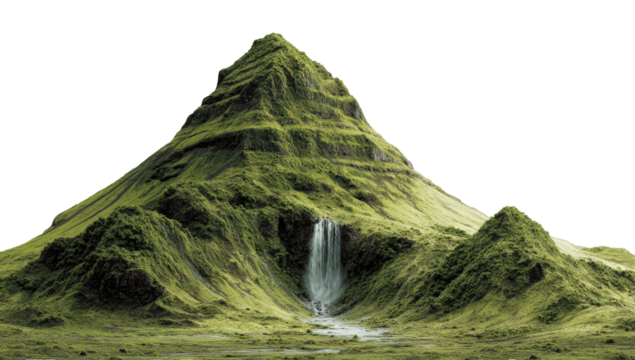 Lush green mountain with a small waterfall