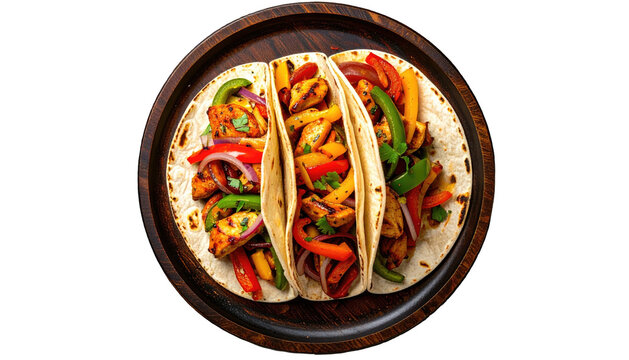 Three tacos, chicken, peppers, and onions on wooden plate
