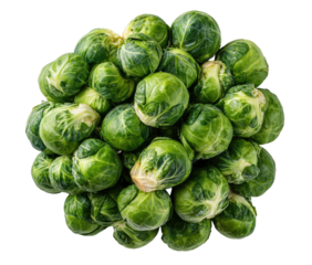 A pile of fresh, green Brussels sprouts arranged in a circular pattern