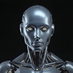 A detailed, realistic artificial intelligence robot head with metallic textures and industrial mechanical components under soft neutral lighting.