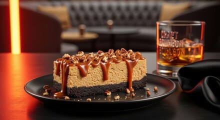Peanut butter cheesecake A slice of peanut butter cheesecake adorned with caramel drizzle and pecans, served alongside a glass of whiskey in a sophisticated setting.