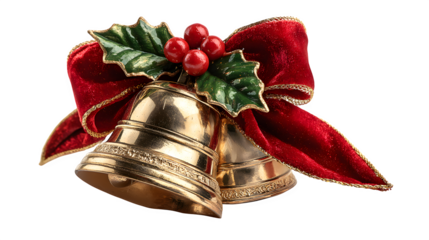 Golden Christmas bell wrapped with red velvet ribbon and holly leaves, shining metallic texture, isolated on white background 