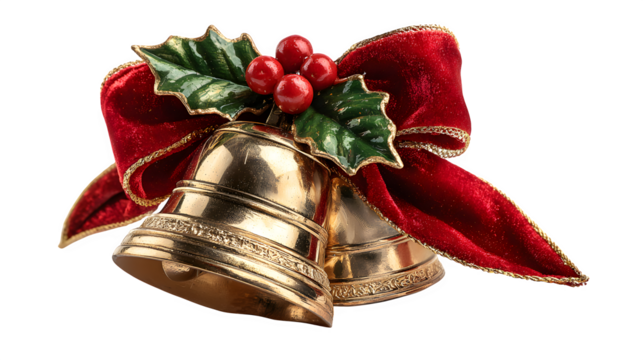 Golden Christmas bell wrapped with red velvet ribbon and holly leaves, shining metallic texture, isolated on white background - Powered by Adobe