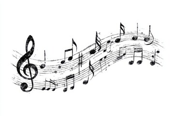 Musical notes and staff with a grunge texture on a white background flowing in a wave