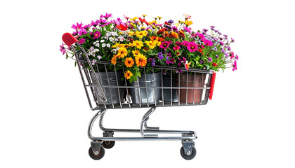 Shopping cart brimming with colorful potted flowers