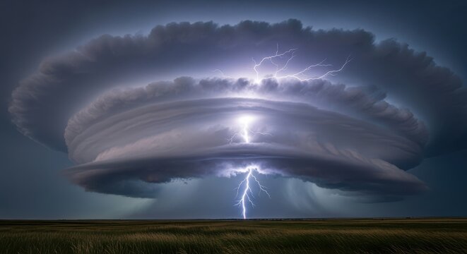 Powerful supercell thunderstorm with majestic lightning strikes illuminating the dark sky