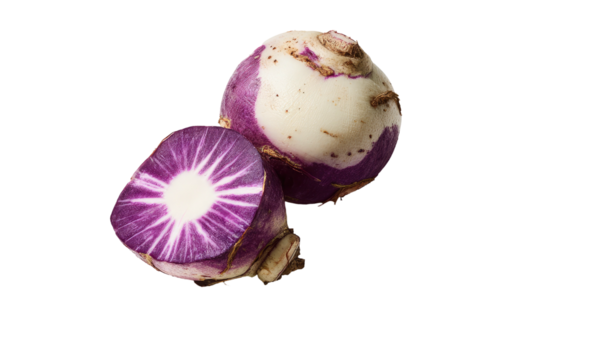 Two root vegetables, one halved, revealing purple interior and white center