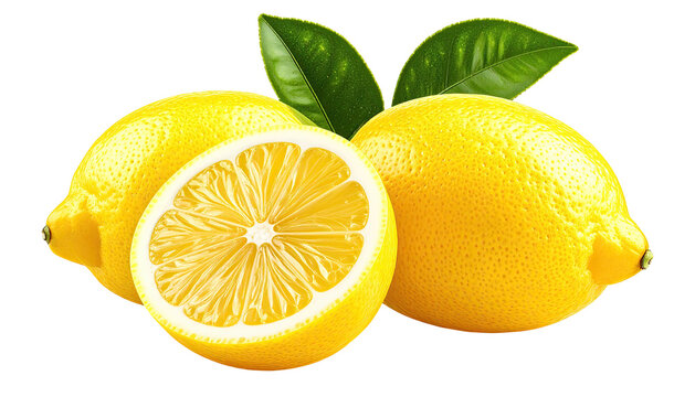 Sliced & whole lemons with leaves, vibrant yellow citrus fruit