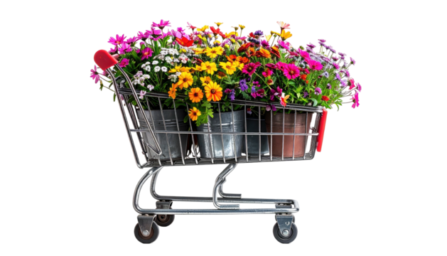 Shopping cart brimming with colorful potted flowers